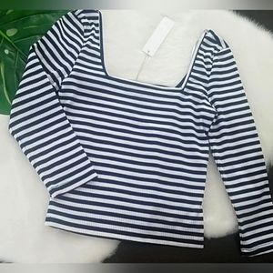 CROP TOP Good Luck Gem Nautical 3/4 Sleeve Blue white Striped Medium